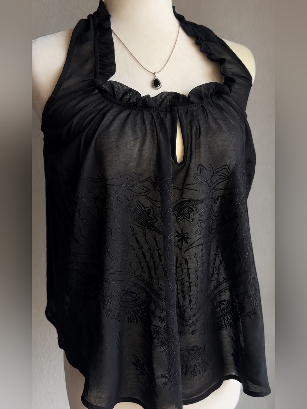 Nom De Plume Black Sheer Embroidered Ruffle Halter Top | Boho Romantic Tank | XS
